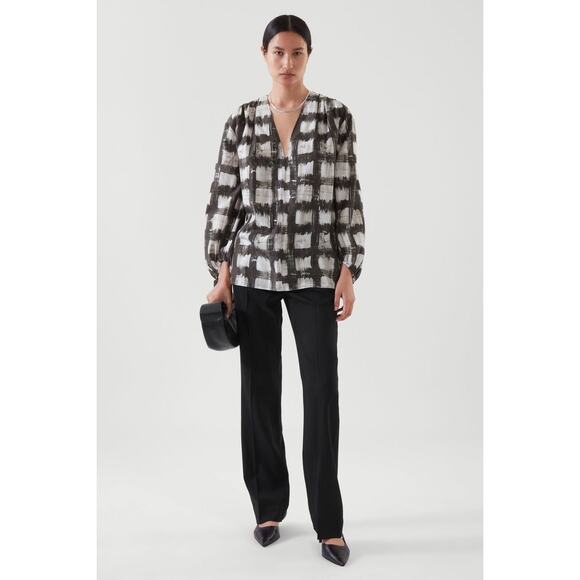 COS Printed Mulberry Silk Blend Blouse Gray White Abstract Gingham - Size 10 - Picture 11 of 12